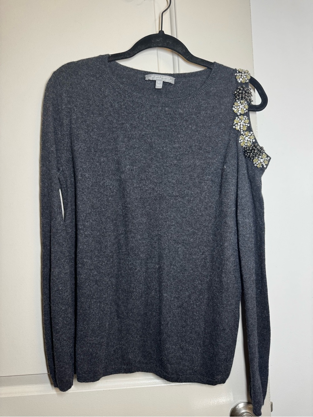 Neiman Marcus Charcoal Cashmere Crewneck Sweater with Jeweled Cold-Shoulder
